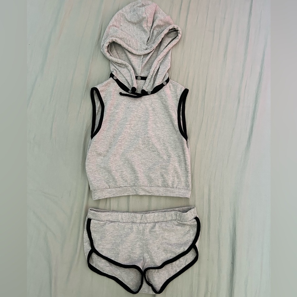 Gray Sleeveless Hoodie and Shorts Set